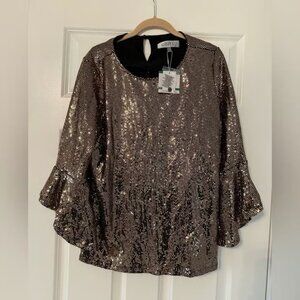 Kasper | Gold and Black Sequin Flutter Bell Sleeve Top | Size L